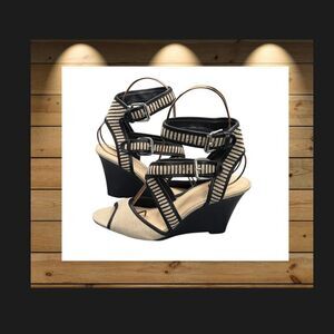 Nine West Clovero Black Tan Wedge Sandal Peep-Toe Strappy Heels | Women's 8.5 M